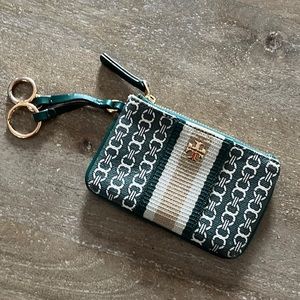 Tory Burch | Gemini Link | Canvas Card Case Key Ring | Dark Green/Cream